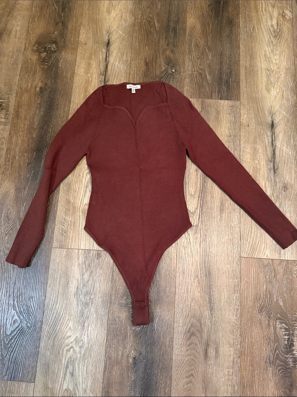 white birch Ribbed V-Neck Long Sleeve Bodysuit Sweater - Burgundy